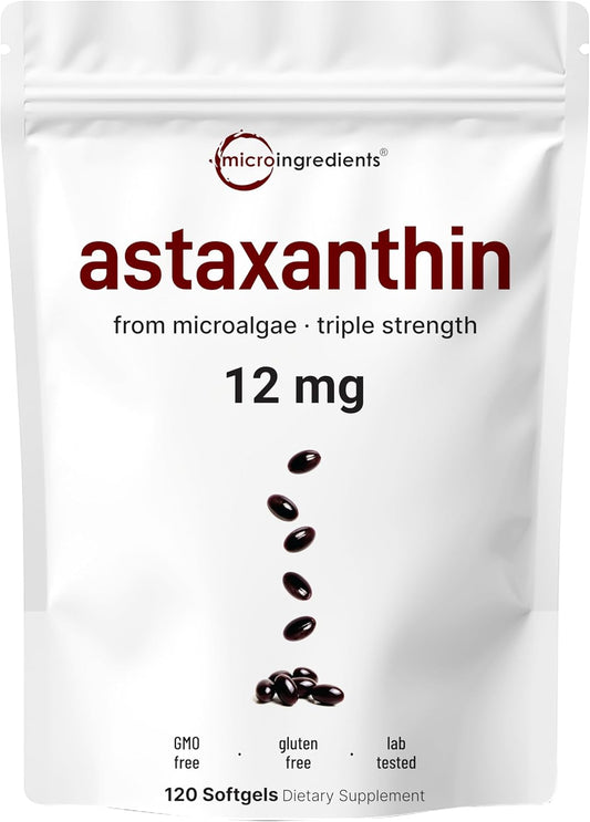 Micro Ingredients Astaxanthin 12mg with MCT Oil, 120 Softgels, 4 Month Supply | Premium Astaxanthin Antioxidant Supplements* | Fresh Microalgae Source | Triple Strength, Non-GMO, Gluten Free, No Soy