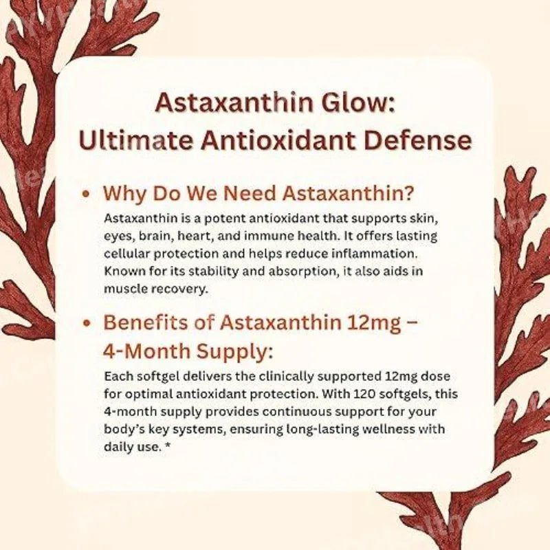 Astaxanthin 12mg Softgels From Plant-Based Microalgae with MCT Oil Dietary Supplement