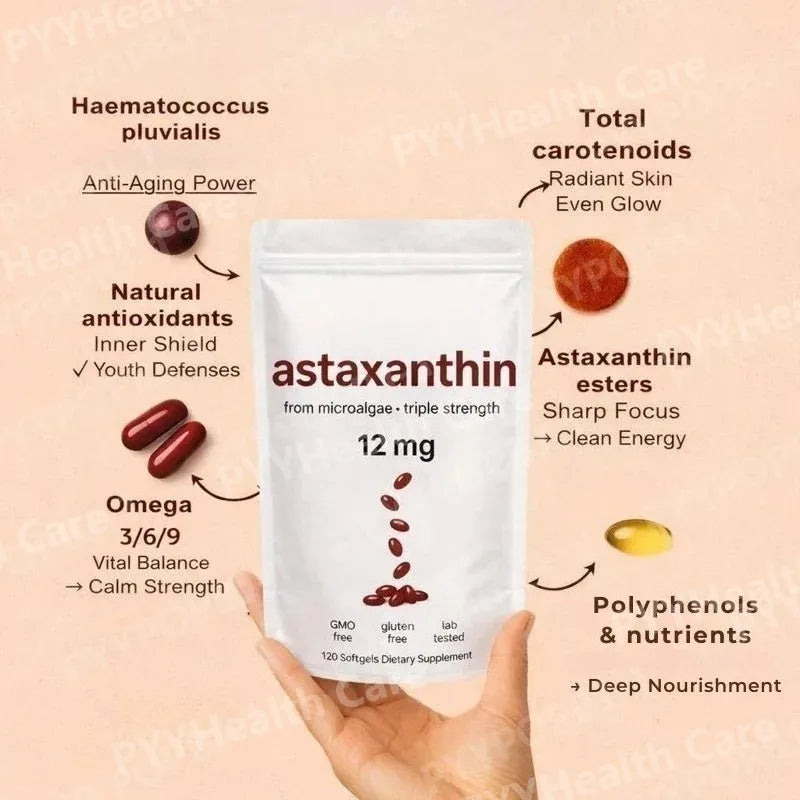 Astaxanthin 12mg Softgels From Plant-Based Microalgae with MCT Oil Dietary Supplement